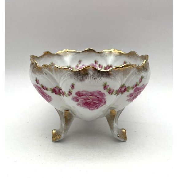 Antique Bridal Rose 3 Legged Center Bowl Gold Accents - Picture 1 of 6